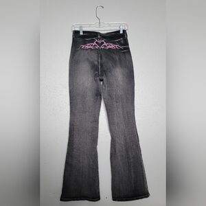 Shein Gray Dark Wash Embroidered Pink Heart Lower Back Denim Jeans